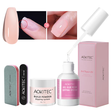 Aokitec Nail Repair Kit - 28g Jelly Pink Build Powder with 15ml Nail Repair Glue